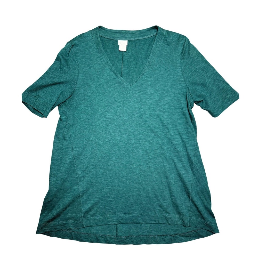 Chicos Teal Green Slub‎ Knit V-Neck Short Sleeve High-Low Top Size 1